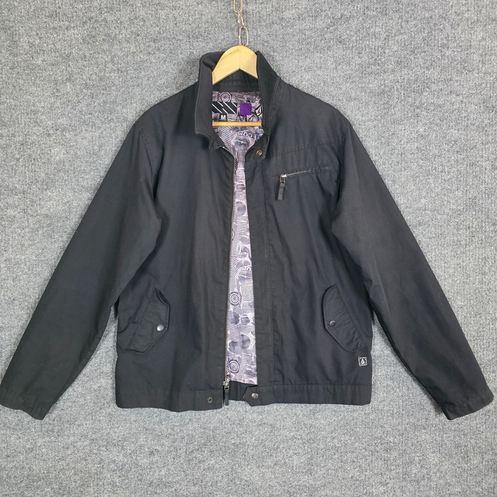 Volcom Mens Full Zip Jacket Black y2k Graphic Lining Ribbed Mock Neck Size M